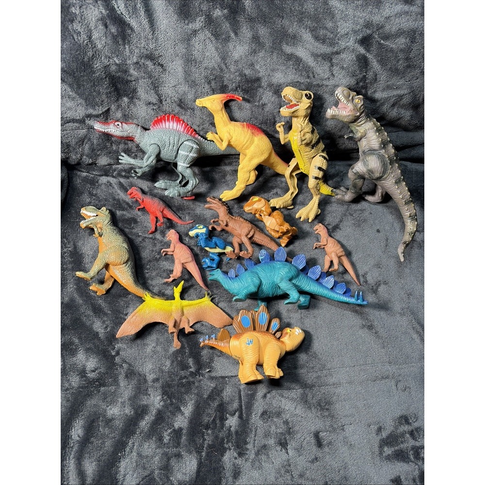 Toy Dinosaurs Lot Of 14 T-Rex, Stegosaurus, Pterodactyl, Velociraptor
